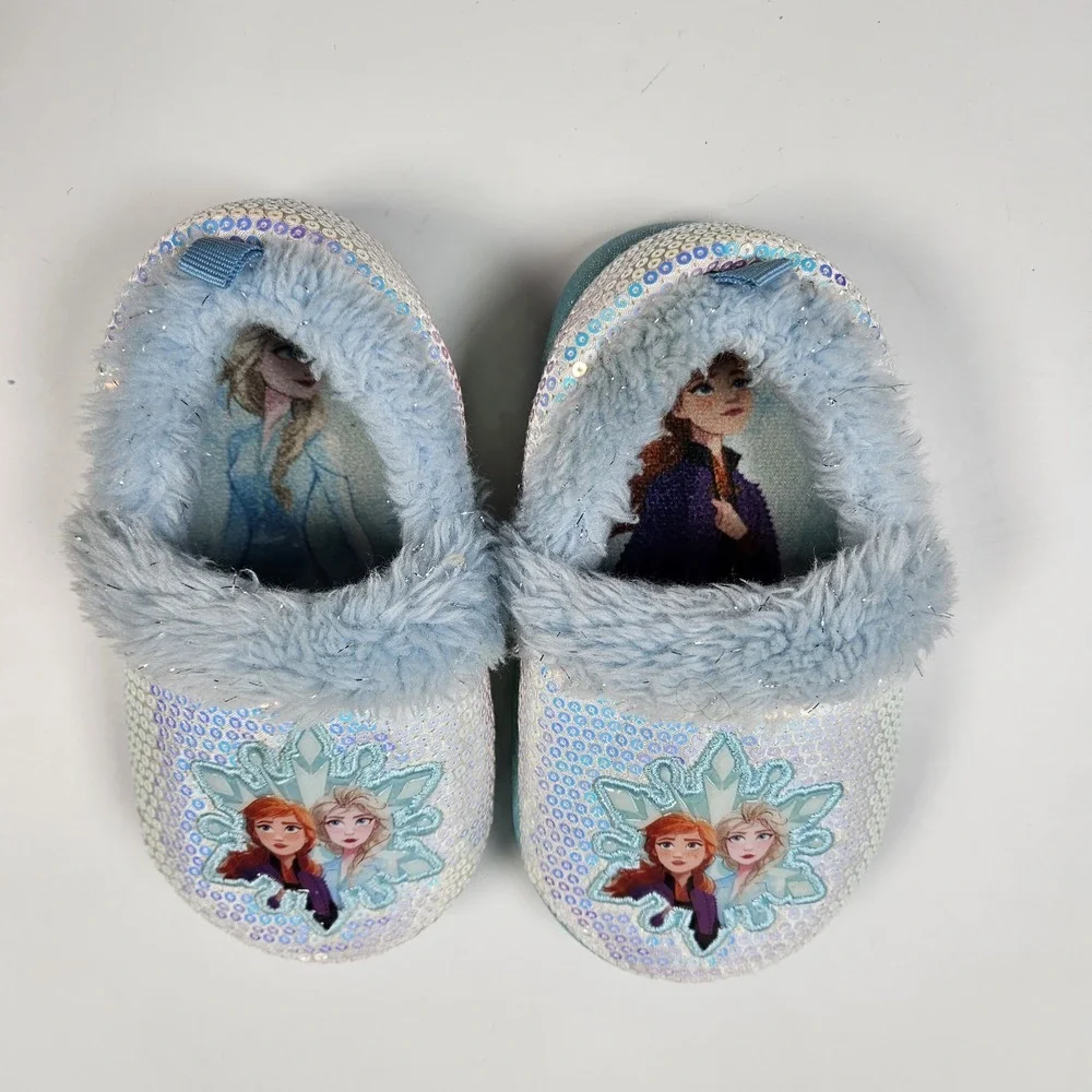 Disney Frozen 2 Girls Slippers Size 9/10 Elsa Anna Toddler Plush Sequin Faux Fur